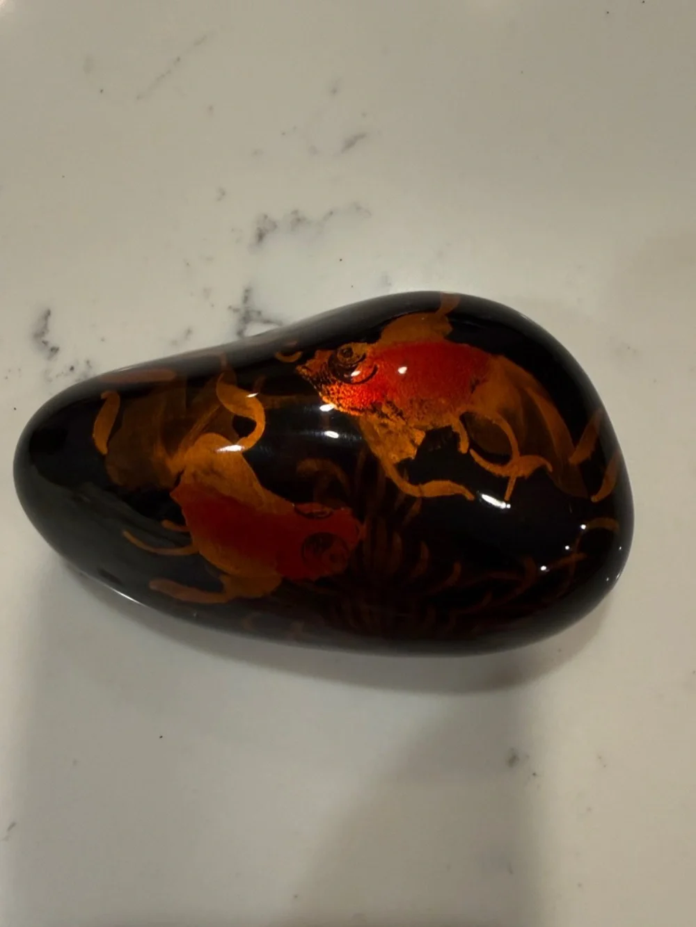 Paperweight Orange Koi on Black Laquered Stone Vietnam Hand Painted Vintage